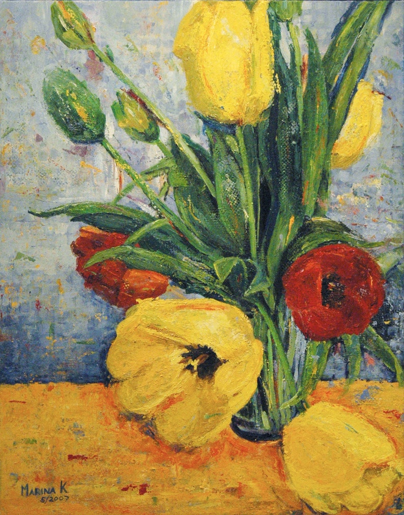 Oil painting Original Red and Yellow Tulips Still Life on canvas 70 x 55 cm. Flowers Nature Inspired. Art and Collectibles. Fine Art image 1