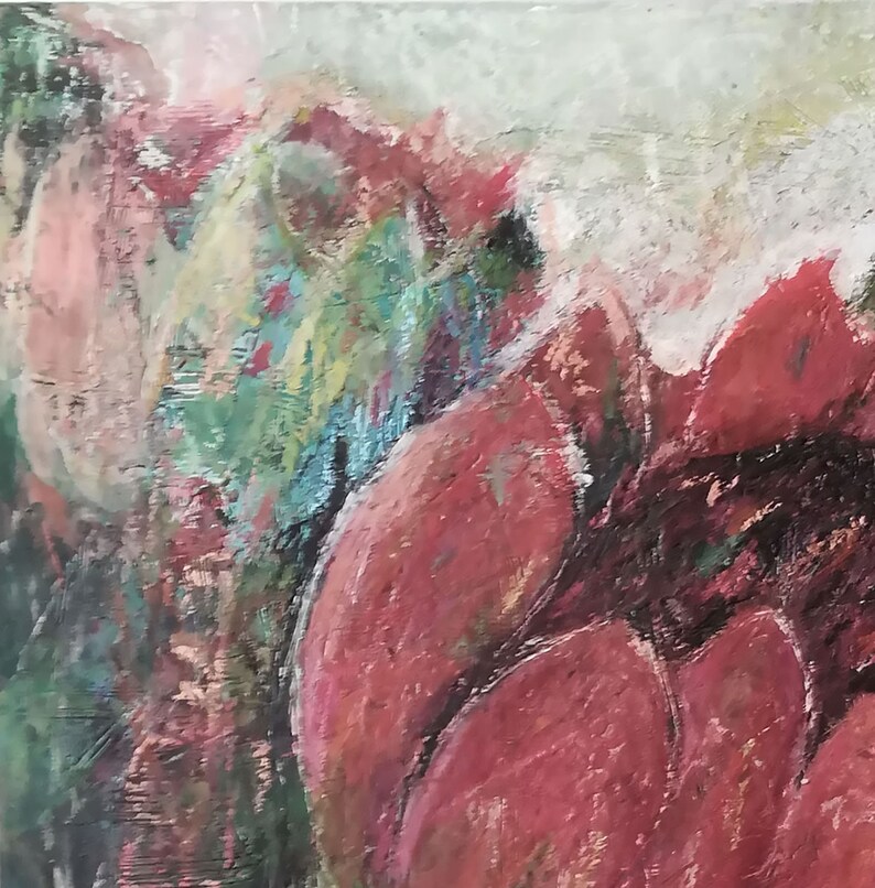 May include: Abstract painting with a large red flower in the foreground. The flower is painted with thick strokes of red, pink, and white paint. The background is a mix of green, blue, and white paint.