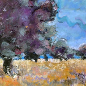 May include: An impressionistic painting of a landscape featuring trees with dark purple foliage and a field of golden grass. The sky is a light blue with a wavy, cloud-like formation. The artwork uses visible brushstrokes.