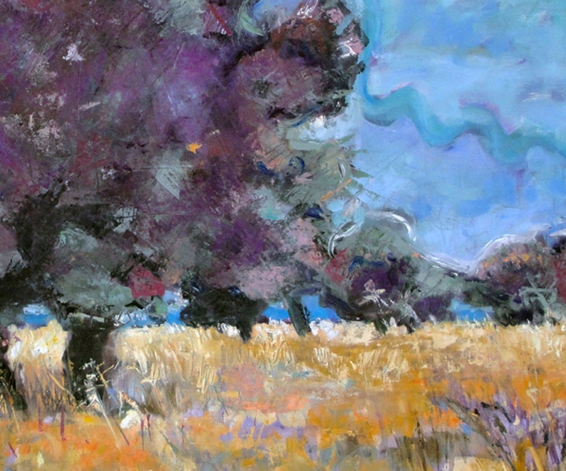 May include: An impressionistic painting of a landscape featuring trees with dark purple foliage and a field of golden grass. The sky is a light blue with a wavy, cloud-like formation. The artwork uses visible brushstrokes.