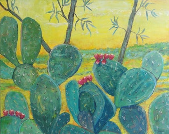 Malerei auf Leinwand.  Original "Prickly Pear" Mischtechnik 100 x 80cm Natur inspiriert. Moderne Kunst. Expressionistischen. Kunst und Sammlerstücke.