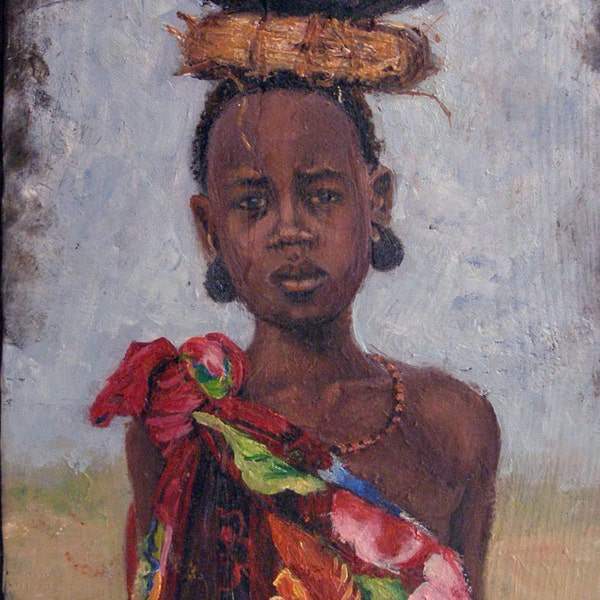 Fine Art African Girl Original Oil Painting on Prepared Wood.  Dimensions 35 X23 Cm.
