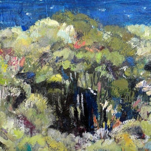 May include: Abstract painting of a landscape with a dark blue sky and green and yellow foliage. The painting has a textured, brushstroke style.