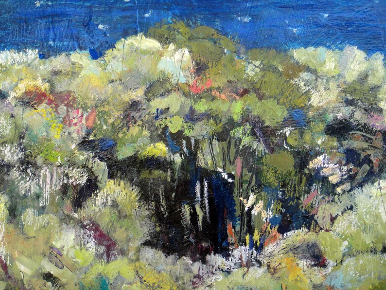 May include: Abstract painting of a landscape with a dark blue sky and green and yellow foliage. The painting has a textured, brushstroke style.