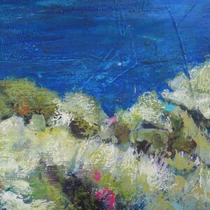 May include: Abstract painting with a blue background and white, green, and brown brushstrokes. The painting has a textured surface and a variety of colors.
