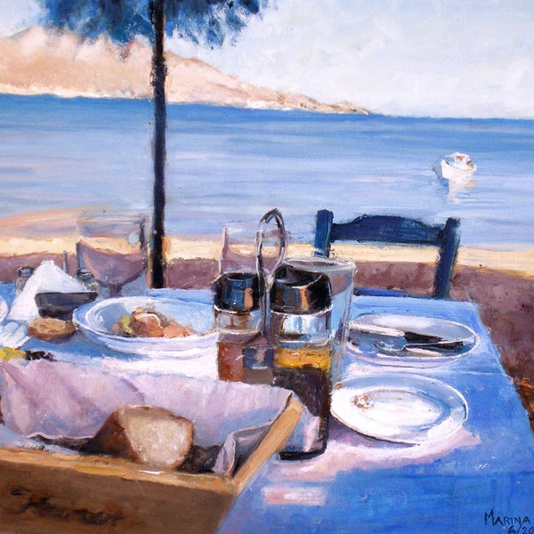 Oil Painting on Canvas. Original Painting "After Lunch By the Sea" 70 x 50 cm. Art and Collectibles. Fine Art. Contemporary Art.  Greece