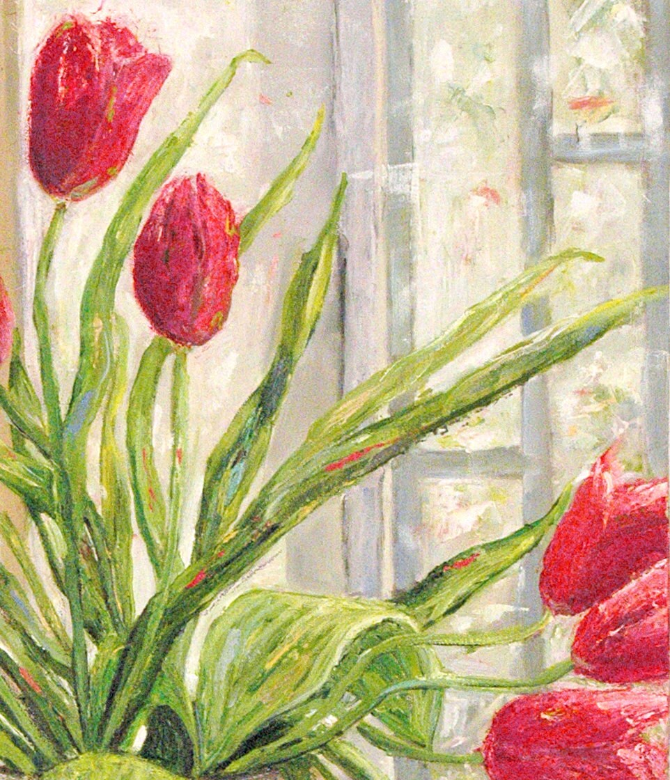 Art Still Life Painting Oil on Canvas "pink Tulips and Pomegranate in ...