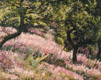 Ölgemälde 'Flieder Frühling Olivenhain' Öl an Bord. 114 x 67 cm. Kunst und Sammlerstücke Fine Art. Kunst Natur inspiriert. Rosa Grün