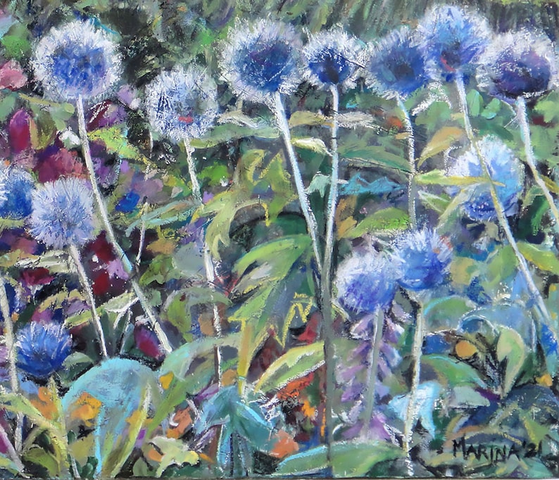 Painting spring Blue Thistles Mixed Media On Canvas 80 X 60 Cm painting-spring-blue-thistles-mixed-media-on-canvas-80-x-60-cm