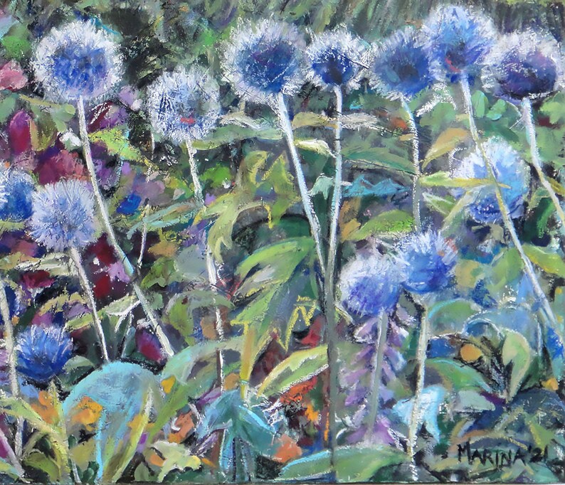 Painting spring Blue Thistles Mixed Media On Canvas 80 X 60 Cm 
