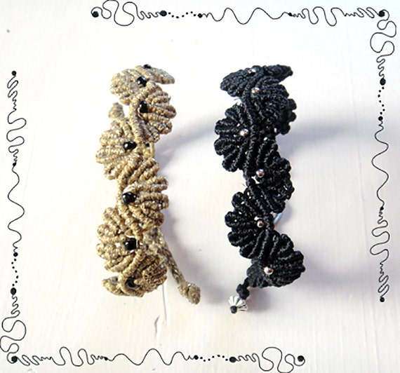 Macrame Bracelets. Flower Design. Antique Gold & Black Bracelets
