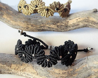 Macrame Bracelets. Flower Design.  Antique gold & Black Bracelets.  Boho Asian Oriental. Size adjustable with slip knot. Price for one. Gift