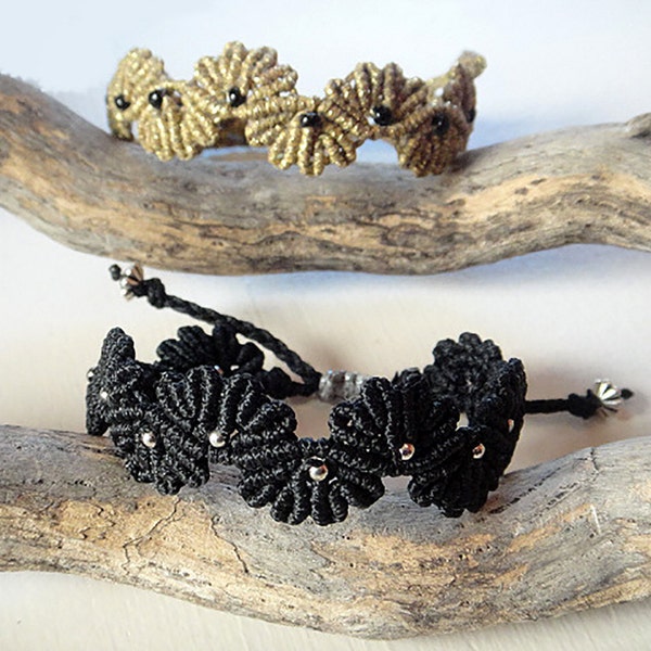 Macrame Bracelets. Flower Design.  Antique gold & Black Bracelets.  Boho Asian Oriental. Size adjustable with slip knot. Price for one. Gift