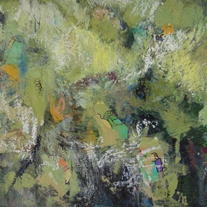 May include: Abstract painting with a green, yellow, and white color scheme. The painting features a variety of textures and shapes, including brushstrokes, splatters, and geometric patterns.