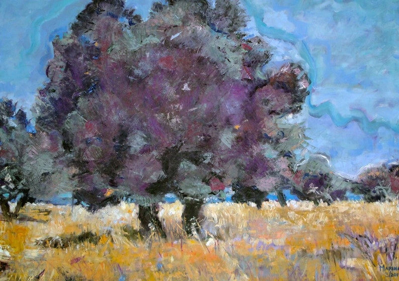I have a love of Olive trees and their amazing trunks. These trees are on the island of Lesvos, the birthplace of my father. I tried to approach this painting by starting with opposite colors to see where it would lead me. And this is the result.