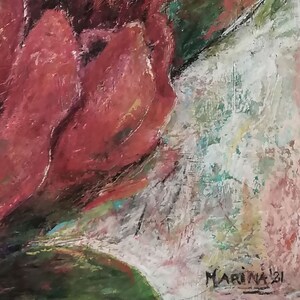 May include: A close-up of a painting of a red flower with green leaves. The artist's signature, "MARINA 21", is visible in the bottom right corner.