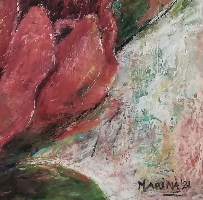 May include: A close-up of a painting of a red flower with green leaves. The artist's signature, "MARINA 21", is visible in the bottom right corner.
