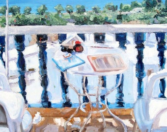 Oil Painting Original. Series Holiday Moments "After Breakfast"  Dimensions 65 x 55 . Greece Greek Islands. Fine Art. Art and Collectibles.