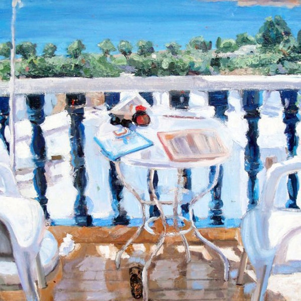 Oil Painting Original. Series Holiday Moments "After Breakfast"  Dimensions 65 x 55 . Greece Greek Islands. Fine Art. Art and Collectibles.