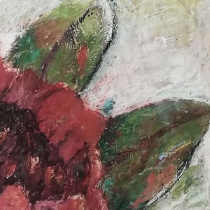 May include: A close-up of a painting of a red flower with green leaves. The background is a light white with hints of green.