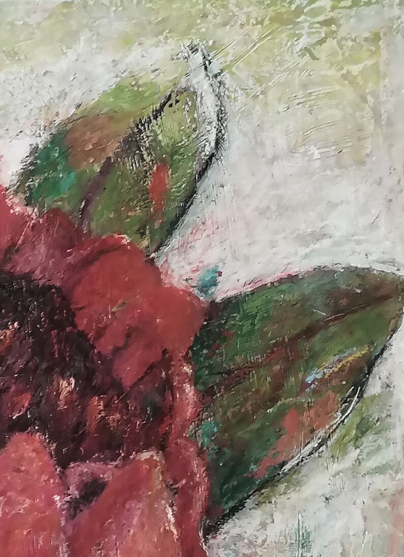 May include: A close-up of a painting of a red flower with green leaves. The background is a light white with hints of green.