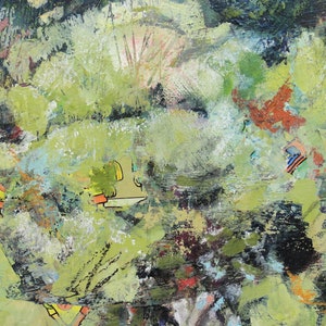 May include: Abstract painting with a green, yellow, and blue color scheme. The painting features a variety of brushstrokes and textures, creating a sense of depth and movement.