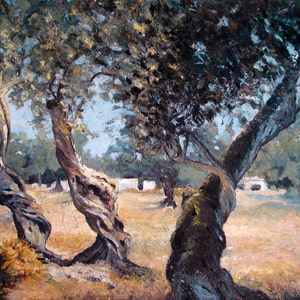 Malerei. Original Ölgemälde an Bord. Olivenhain in Lefkada 70 x 80 cm Olivenbäume. Griechenland Natur. Kunst Fine Art und Sammlerstücke. Bild 1