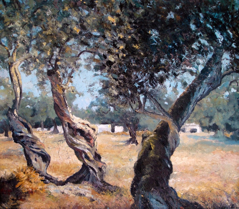 Malerei. Original Ölgemälde an Bord. Olivenhain in Lefkada 70 x 80 cm Olivenbäume. Griechenland Natur. Kunst Fine Art und Sammlerstücke. Bild 1