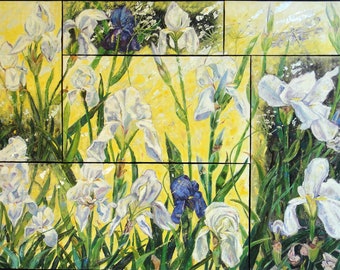 Gemälde. Weiße und Blaue Iris. 6 Stück Zusammenstellung. Blumen, Natur .Öl auf Leinwand. Kunst, Fine Art. Kunst und Sammlerstücke. . 140x100cm