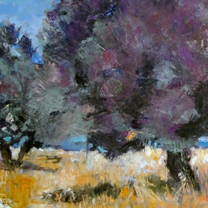 May include: An abstract landscape painting featuring trees with dark purple and gray foliage. The foreground shows golden-yellow grass, with a hint of blue sky peeking through the trees. The artwork uses thick brushstrokes.