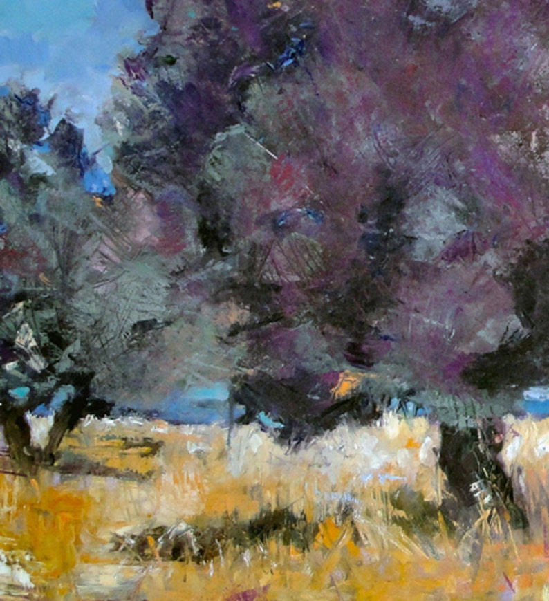 May include: An abstract landscape painting featuring trees with dark purple and gray foliage. The foreground shows golden-yellow grass, with a hint of blue sky peeking through the trees. The artwork uses thick brushstrokes.