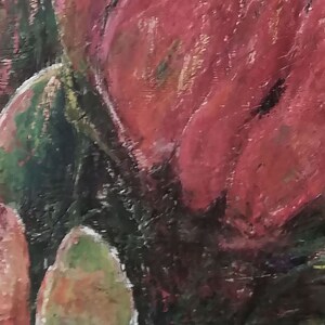 May include: Close-up of a painting of a red flower with green leaves. The painting is done in a textured style, with visible brushstrokes.