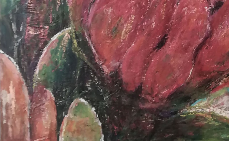 May include: Close-up of a painting of a red flower with green leaves. The painting is done in a textured style, with visible brushstrokes.
