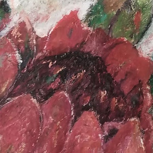 May include: Close-up of a red flower with dark brown and green accents. The flower petals are textured and appear to be painted with thick strokes.