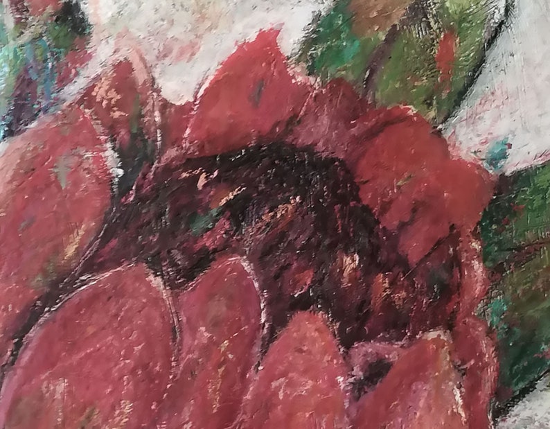 May include: Close-up of a red flower with dark brown and green accents. The flower petals are textured and appear to be painted with thick strokes.