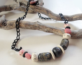 Short Mixed Media Necklace. High Fashion, Rustic, Artisan Black, Ivory and Coral. Black Chain. Handmade Necklace  Gift for Her.