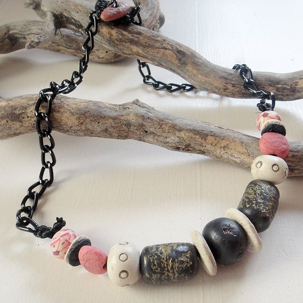 Short Mixed Media Necklace. High Fashion, Rustic, Artisan Black, Ivory and Coral. Black Chain. Handmade Necklace  Gift for Her.