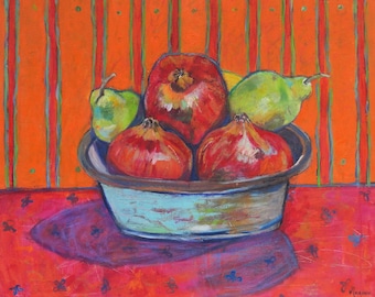 Painting Still Life Fruit in Bowl 50 x 60 on canvas Mixed Media. Fine Art Expressionist. Art and Collectibles Home Deco Pomegranates