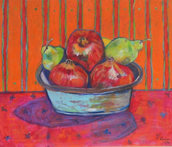Painting Still Life Fruit in Bowl 50 x 60 on canvas Mixed Media. Fine Art Expressionist. Art and Collectibles Home Deco Pomegranates