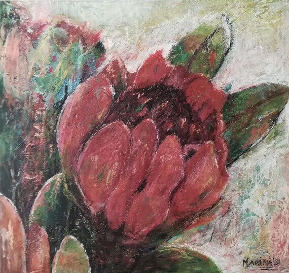 Painting "Protea" Mixed Media on Board.  44 x 41 cm.  Acrylic Oil Pastel. Expressionist Art Fine Art Nature Flowers Art and Collectibles