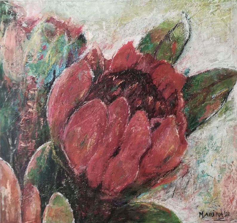 May include: A close-up of a red flower with green leaves. The flower is painted in a textured style with a white background.