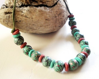 Floral  Beaded Short  Necklace. Handmade Jewelry Stylish Modern. Jades greens and coral.Polymer Clay Length Adjustable.  Gift For Her