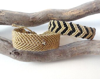 Set of two Macrame Bracelets. Elegant Gold and Black Bracelet set. Boho Chic.  Friendship Handmade Bracelets. Size adjustable. Gift Idea.