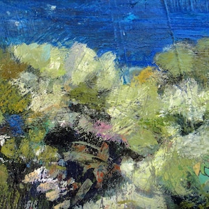 May include: Abstract painting with a blue background and green, white, and brown brushstrokes. The painting has a textured surface and a variety of colors.