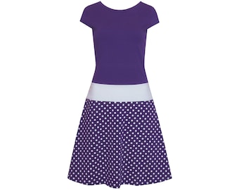 Dot dress Marie purple mini sleeves deep waist with hip cuffs in many colors