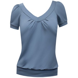 Camisa Isabelle de manga corta con escote en pico y pliegues, mangas fruncidas en muchos colores