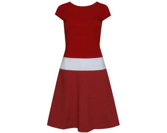 Dot dress Marie burgundy mini sleeves deep waist with hip cuffs in many colors