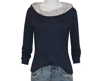 Shirt Dorli long-sleeved wide hooded collar casual cut dark blue with delicate flowers