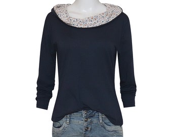 Shirt Dorli long sleeve wide hooded collar casual cut dark blue with delicate flowers