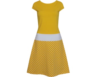 Dot dress Marie sunny yellow mini sleeves deep waist with hip cuffs in many colors